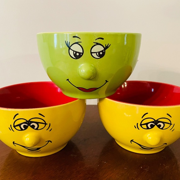 THREE novelty ceramic bowls with anthropomorphic faces, Quirky Cereal Bowls - Picture 1 of 7